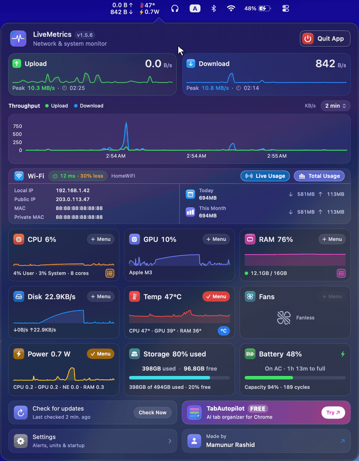 Clicking through LiveMetrics: Live Usage, Total Usage, CPU and RAM by app, and Settings panels opening
