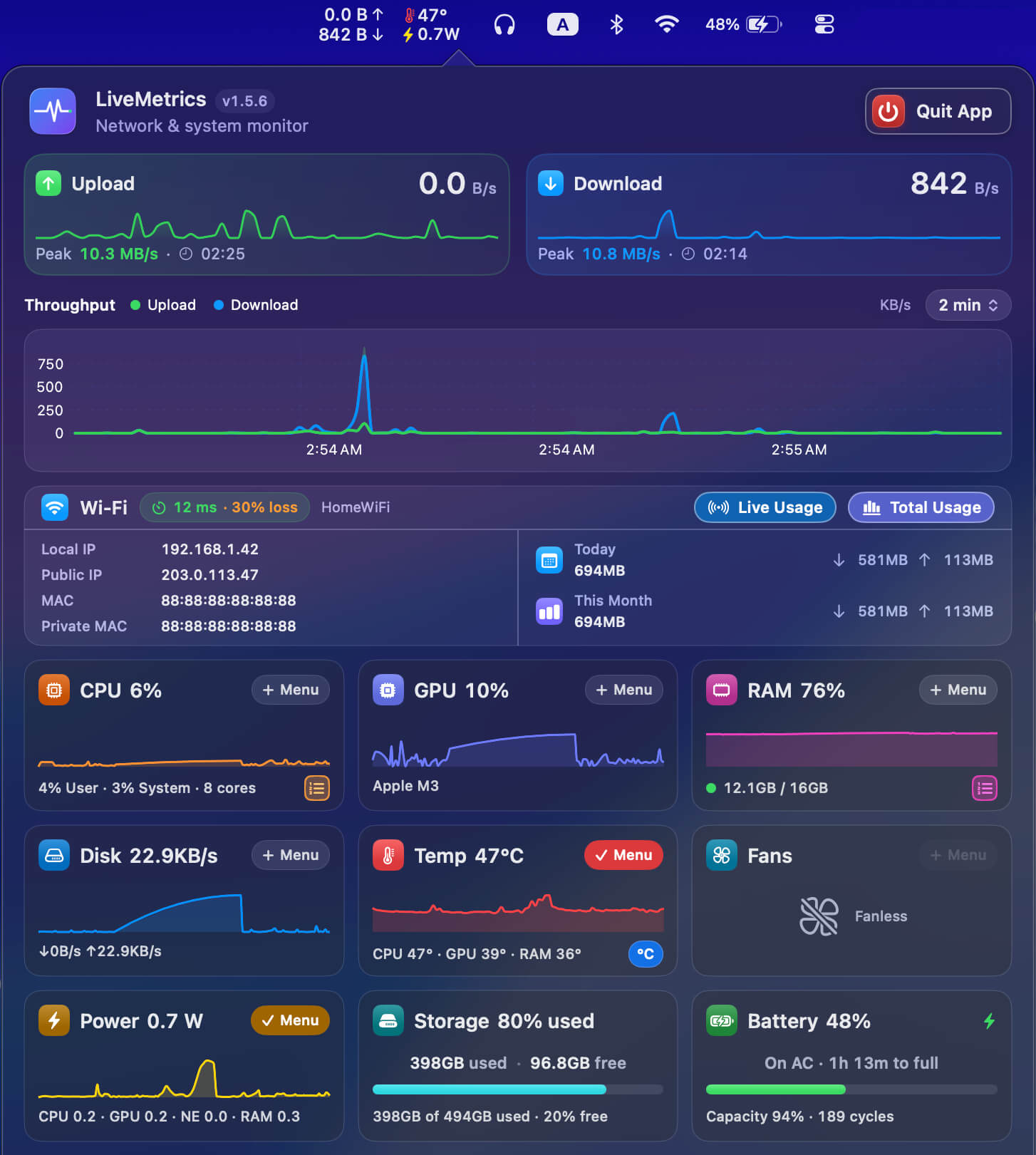LiveMetrics popover with the live power-draw card showing per-domain SoC watts on an Apple Silicon Mac